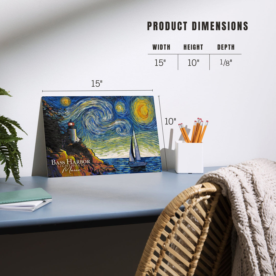 Maine, Bass Harbor Lighthouse, Starry Night, Lantern Press Artwork, Wood Signs and Postcards - Lantern Press
