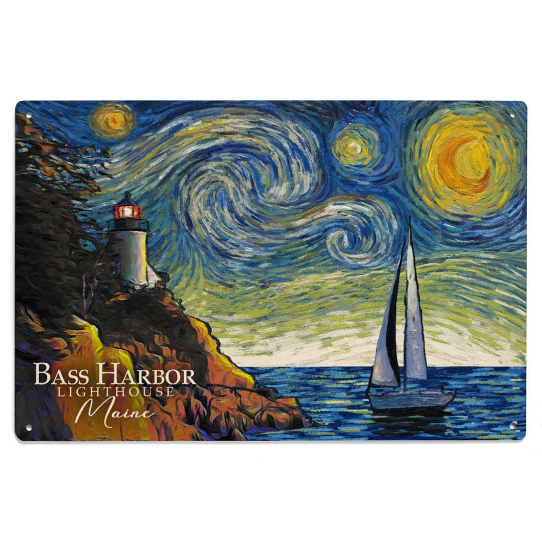Maine, Bass Harbor Lighthouse, Starry Night, Lantern Press Artwork, Wood Signs and Postcards - Lantern Press