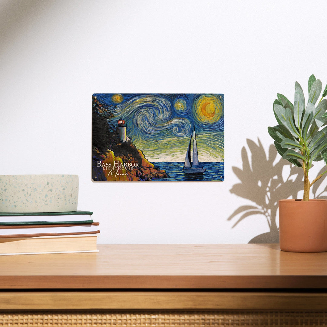 Maine, Bass Harbor Lighthouse, Starry Night, Lantern Press Artwork, Wood Signs and Postcards - Lantern Press