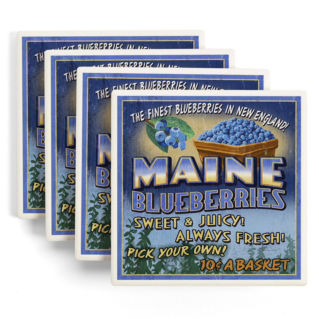 Maine, Blueberries Vintage Sign, Coasters Coasters Lantern Press