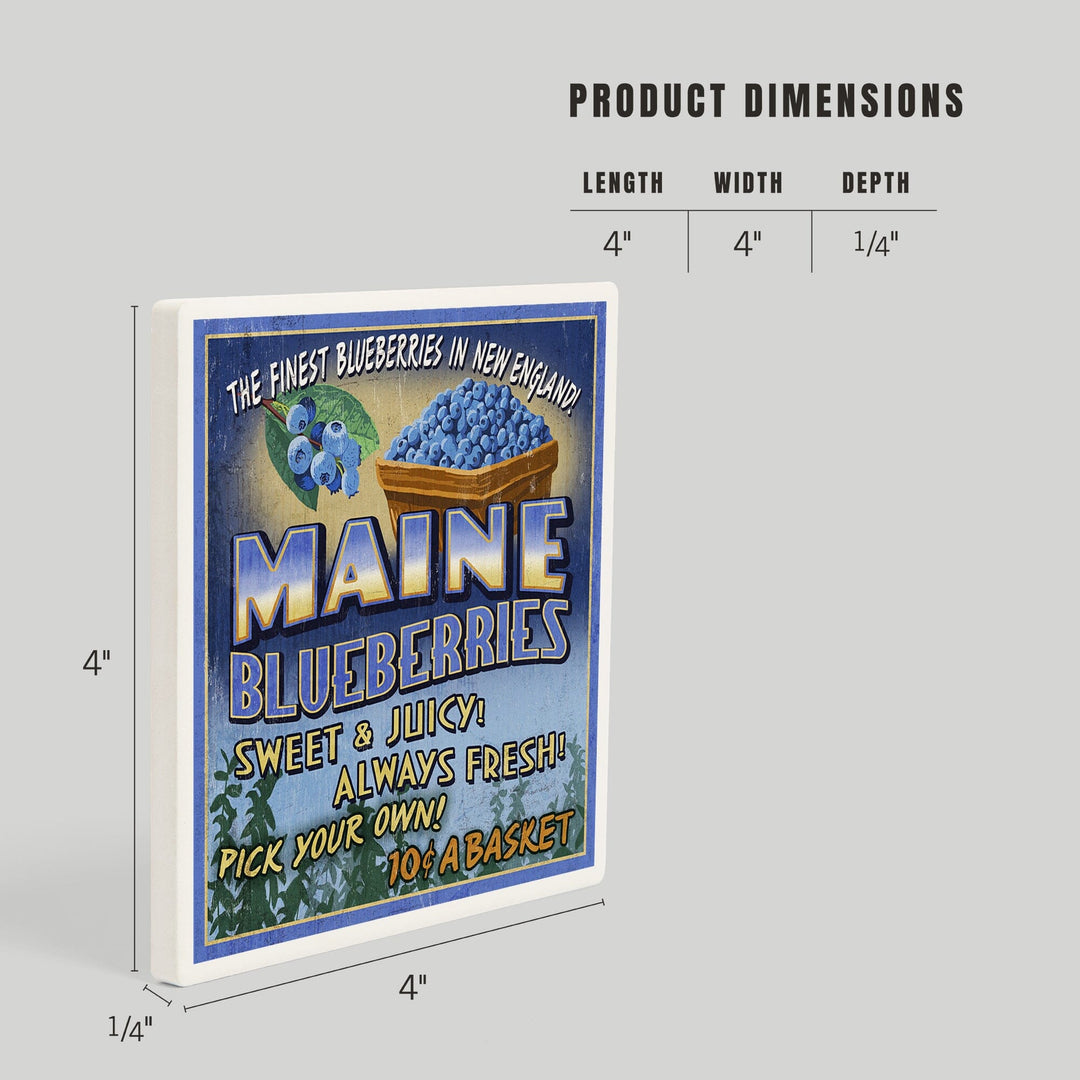 Maine, Blueberries Vintage Sign, Coasters Coasters Lantern Press