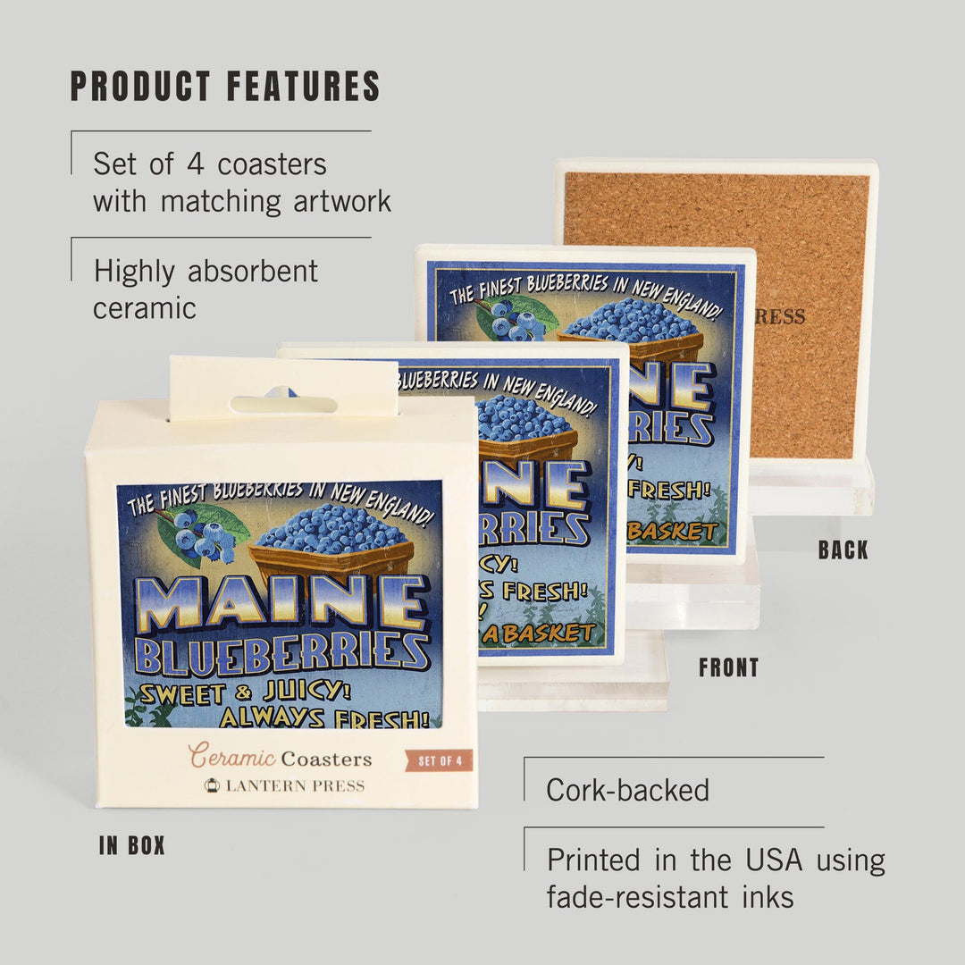 Maine, Blueberries Vintage Sign, Coasters Coasters Lantern Press