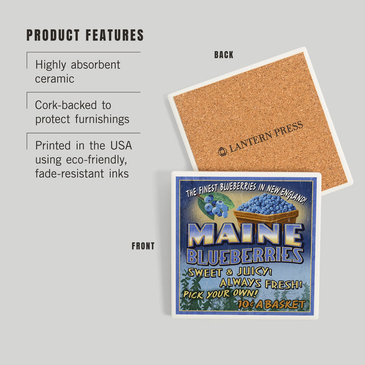 Maine, Blueberries Vintage Sign, Coasters Coasters Lantern Press