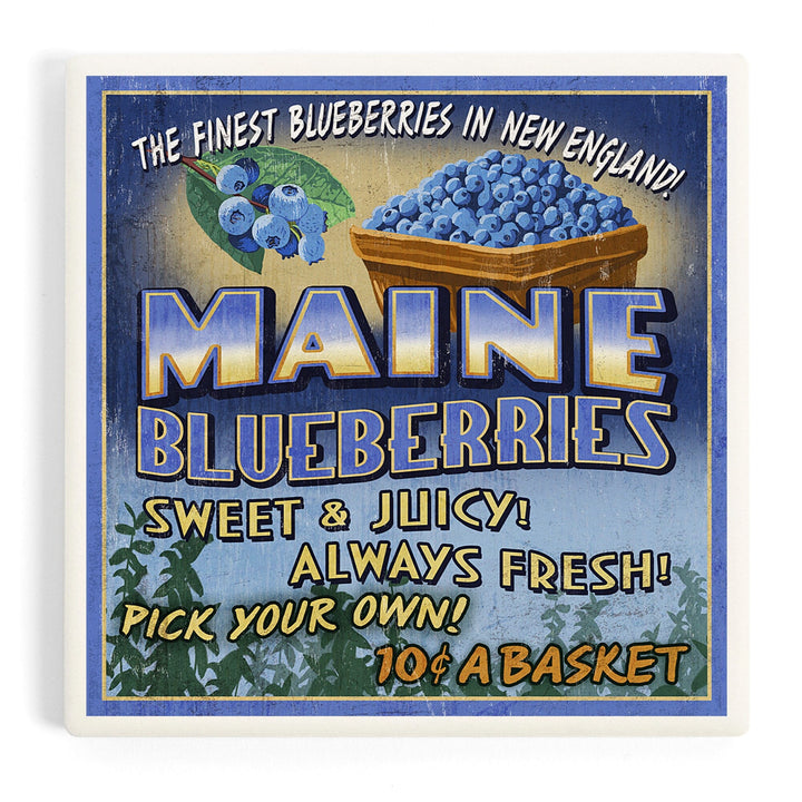 Maine, Blueberries Vintage Sign, Coasters Coasters Lantern Press Coaster