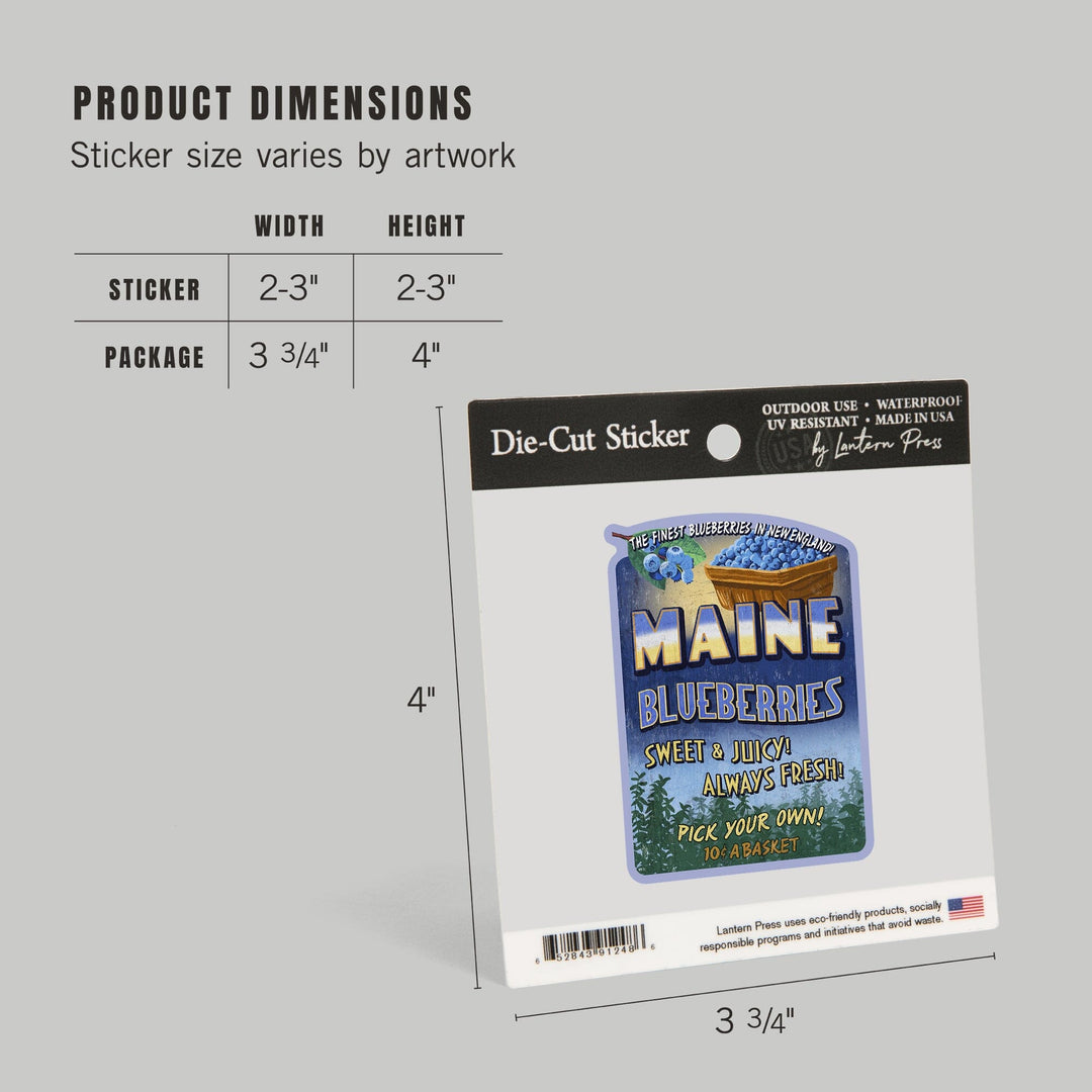 Maine, Blueberries Vintage Sign, Contour, Vinyl Sticker Sticker Lantern Press