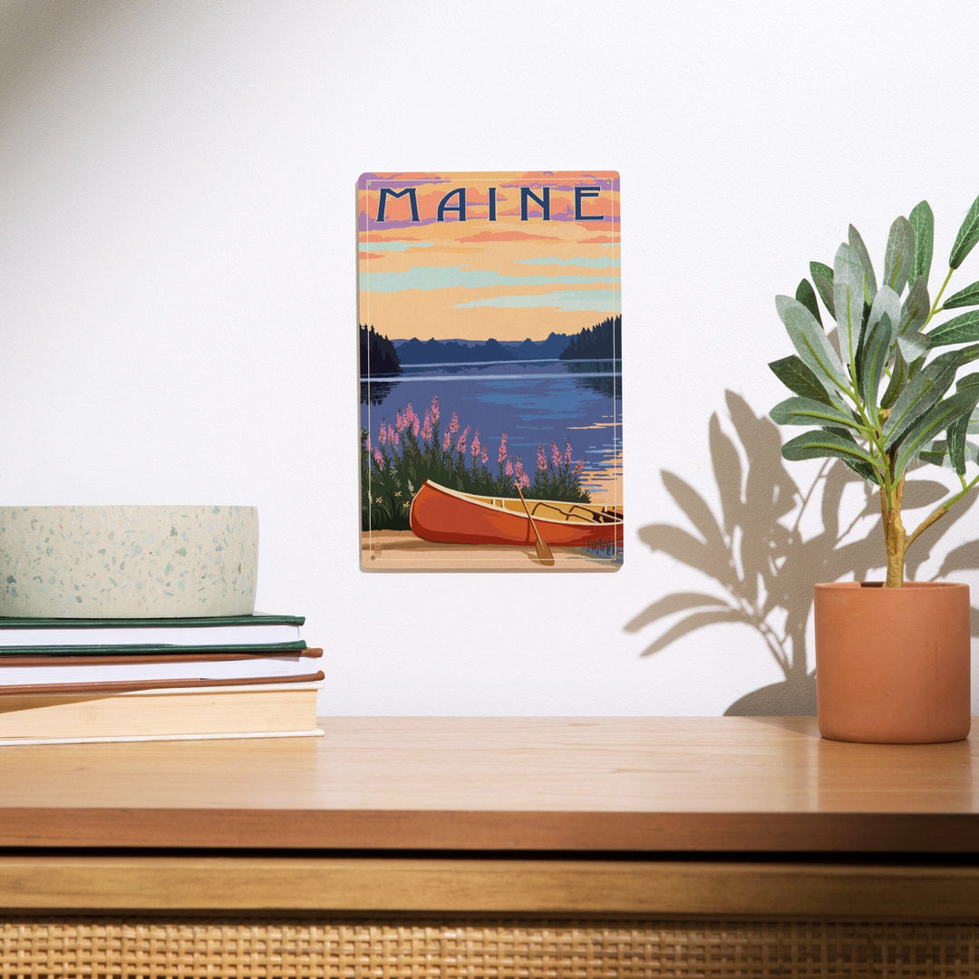 Maine, Canoe & Lake, Lantern Press Artwork, Wood Signs and Postcards - Lantern Press