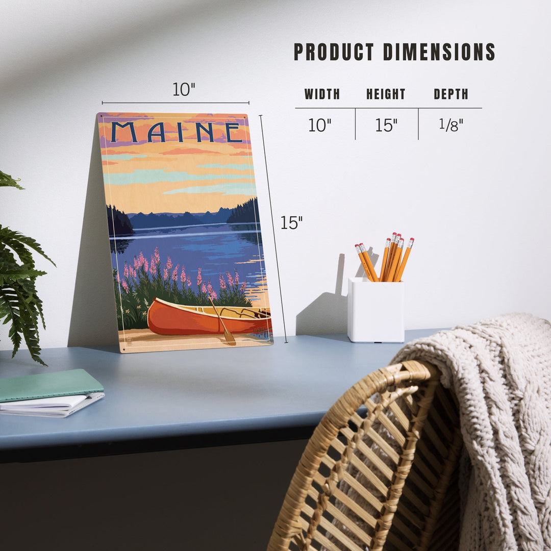 Maine, Canoe & Lake, Lantern Press Artwork, Wood Signs and Postcards - Lantern Press