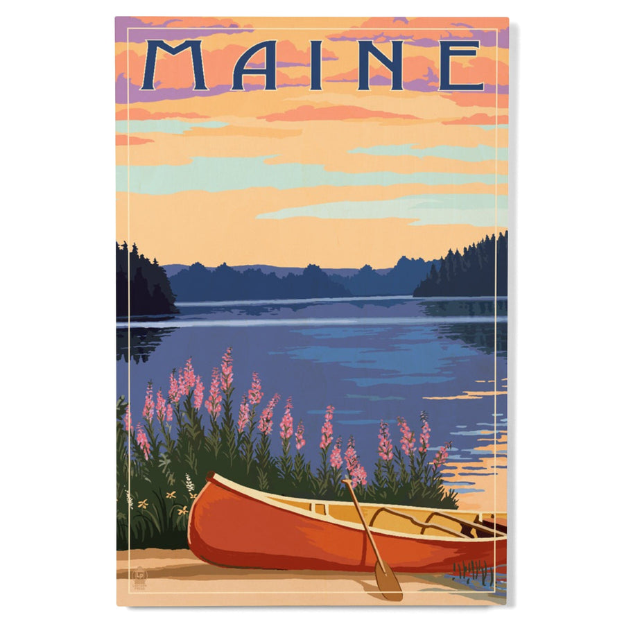 Maine, Canoe & Lake, Lantern Press Artwork, Wood Signs and Postcards - Lantern Press