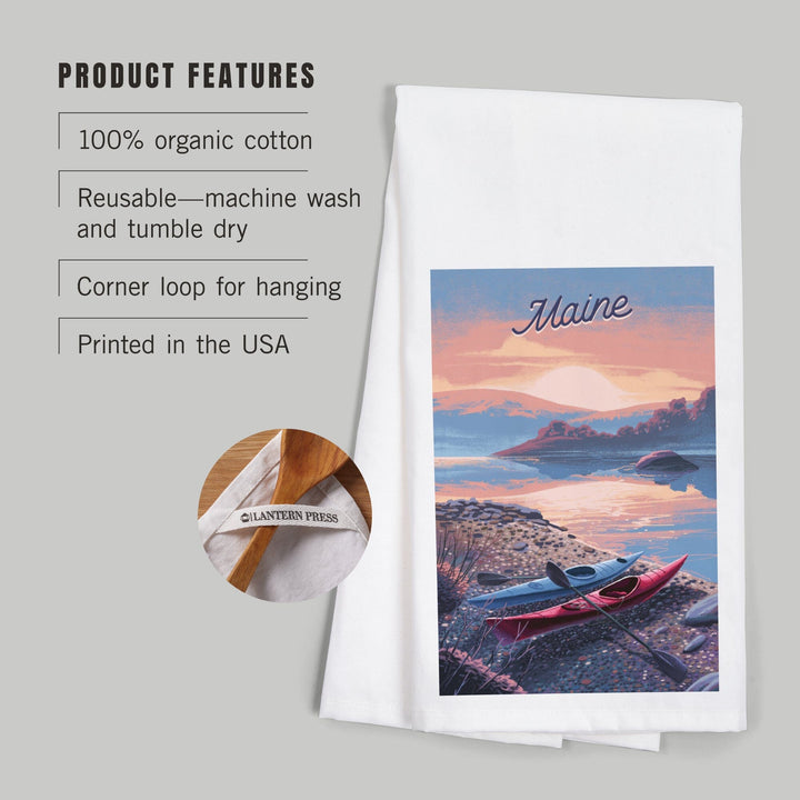 Maine, Glassy Sunrise, Kayak, Organic Cotton Kitchen Tea Towels Kitchen Lantern Press