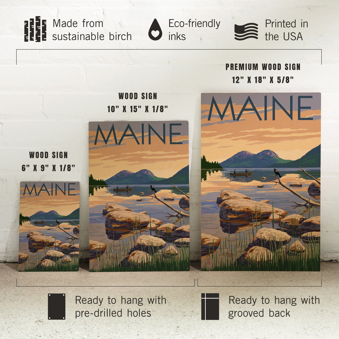 Maine, Lake Scene and Canoe, Lantern Press Artwork, Wood Signs and Postcards - Lantern Press