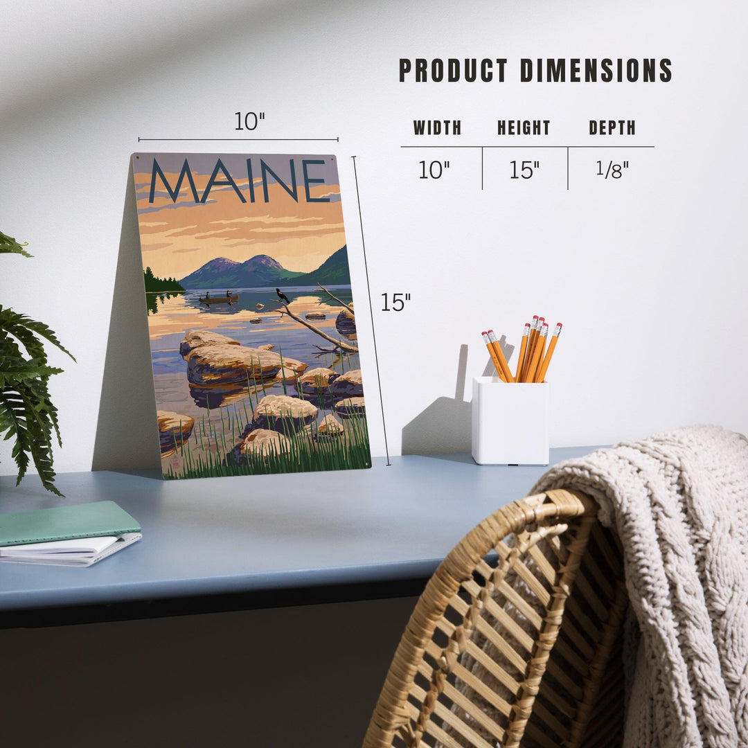 Maine, Lake Scene and Canoe, Lantern Press Artwork, Wood Signs and Postcards - Lantern Press