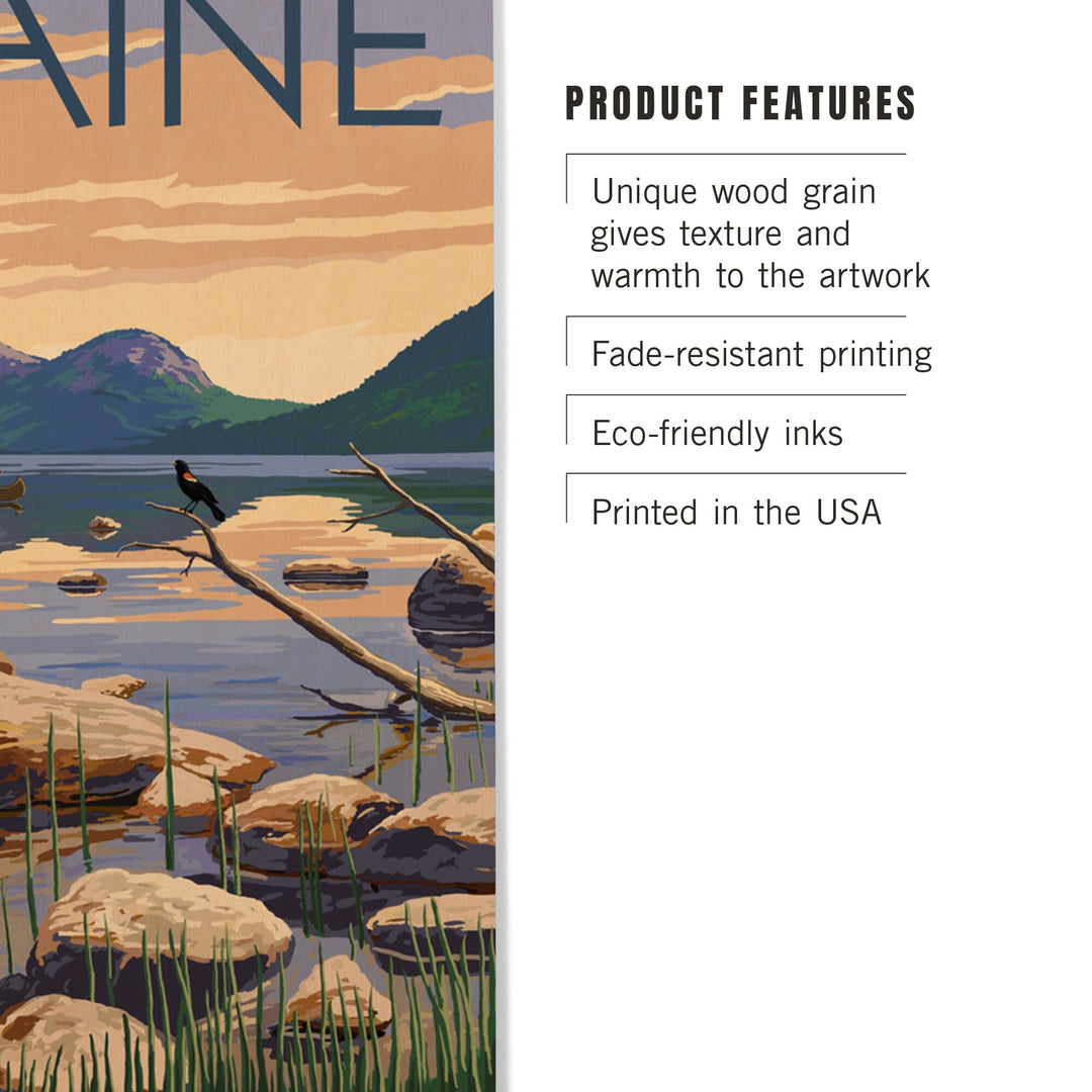Maine, Lake Scene and Canoe, Lantern Press Artwork, Wood Signs and Postcards - Lantern Press