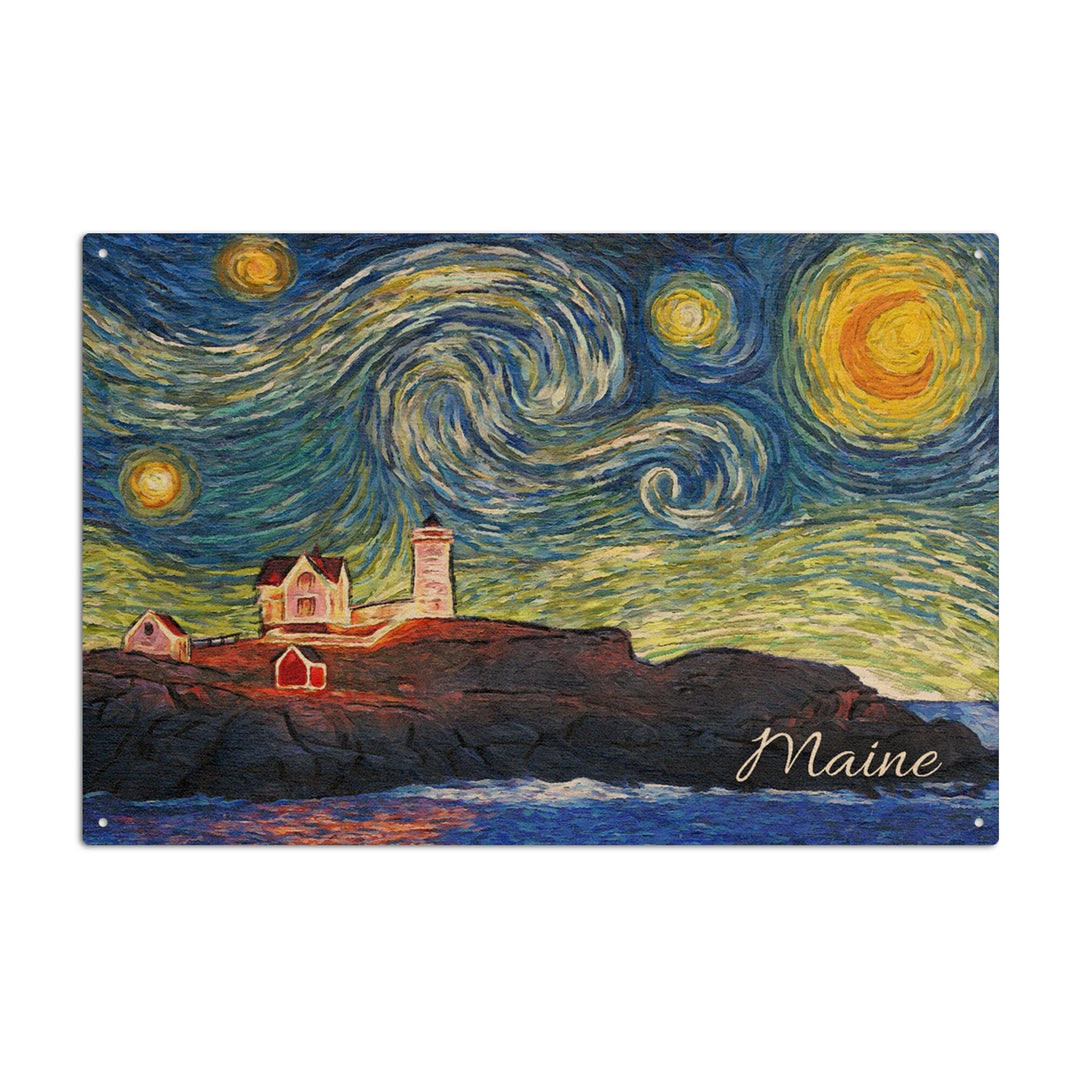 Maine, Lighthouse, Starry Night, Lantern Press Artwork, Wood Signs and Postcards - Lantern Press