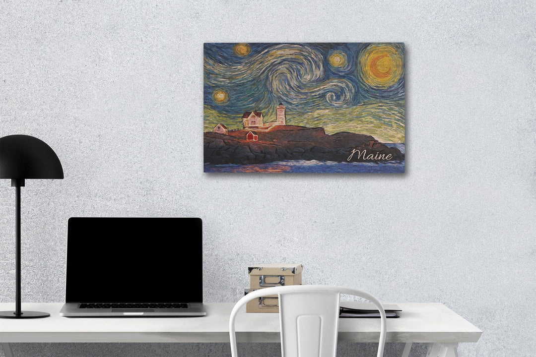 Maine, Lighthouse, Starry Night, Lantern Press Artwork, Wood Signs and Postcards - Lantern Press