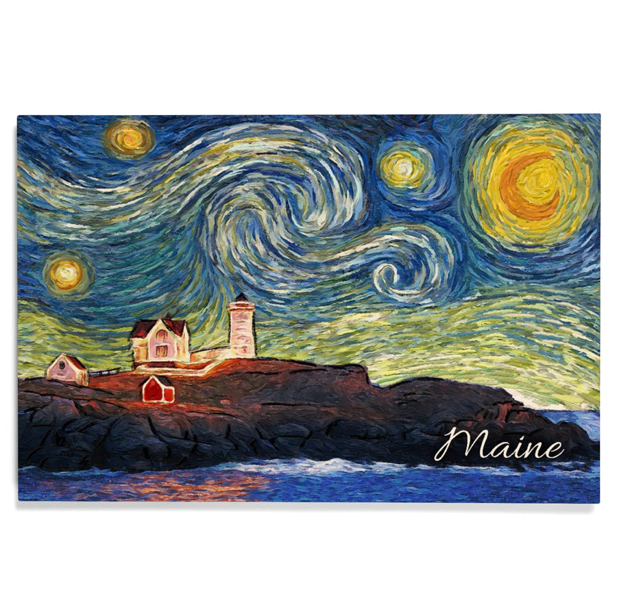 Maine, Lighthouse, Starry Night, Lantern Press Artwork, Wood Signs and Postcards - Lantern Press