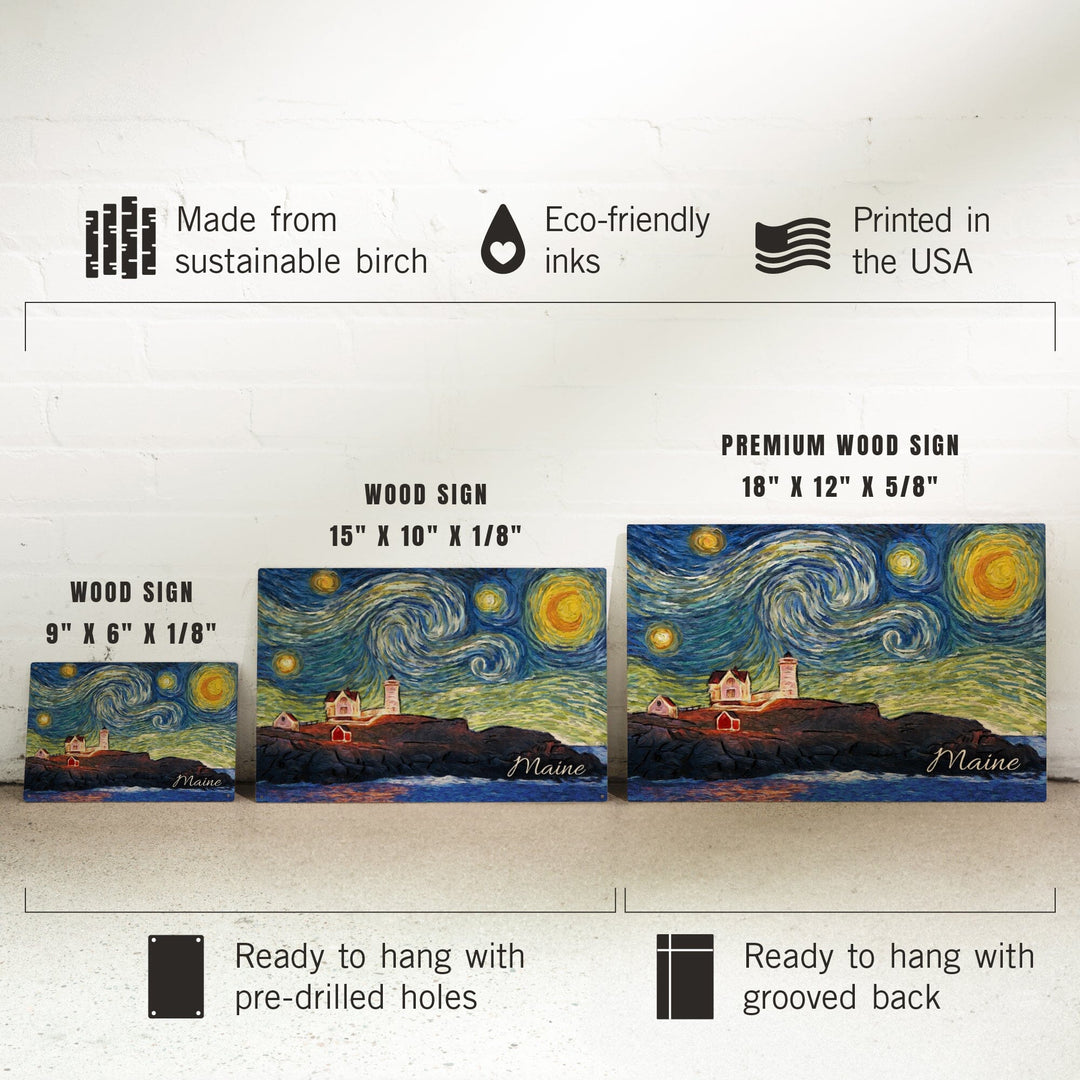 Maine, Lighthouse, Starry Night, Lantern Press Artwork, Wood Signs and Postcards - Lantern Press