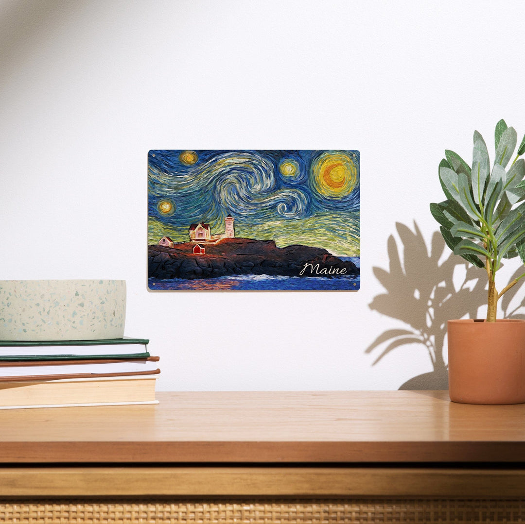 Maine, Lighthouse, Starry Night, Lantern Press Artwork, Wood Signs and Postcards - Lantern Press