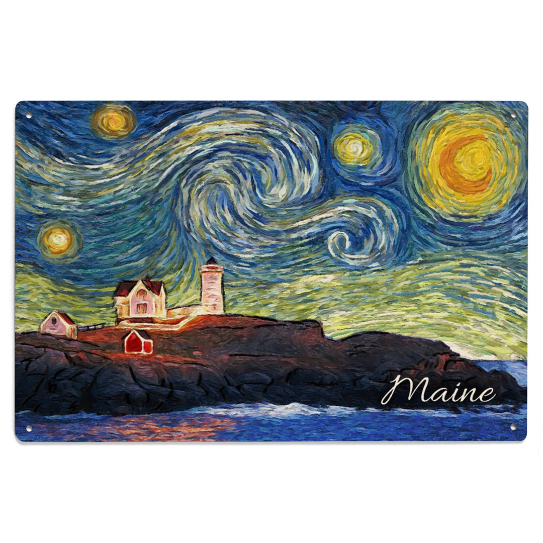 Maine, Lighthouse, Starry Night, Lantern Press Artwork, Wood Signs and Postcards - Lantern Press