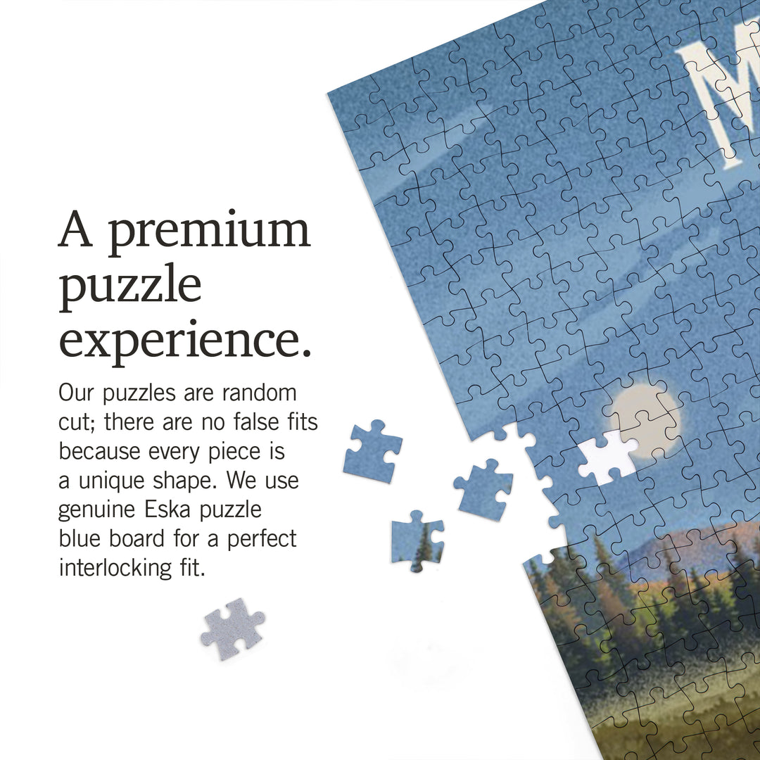 Maine, Lithograph, Reflection Pond and Bull Moose, Jigsaw Puzzle Puzzle Lantern Press