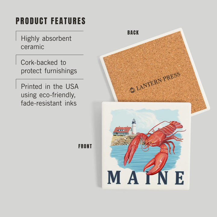 Maine, Lobster and Portland Lighthouse, Coasters Coasters Lantern Press