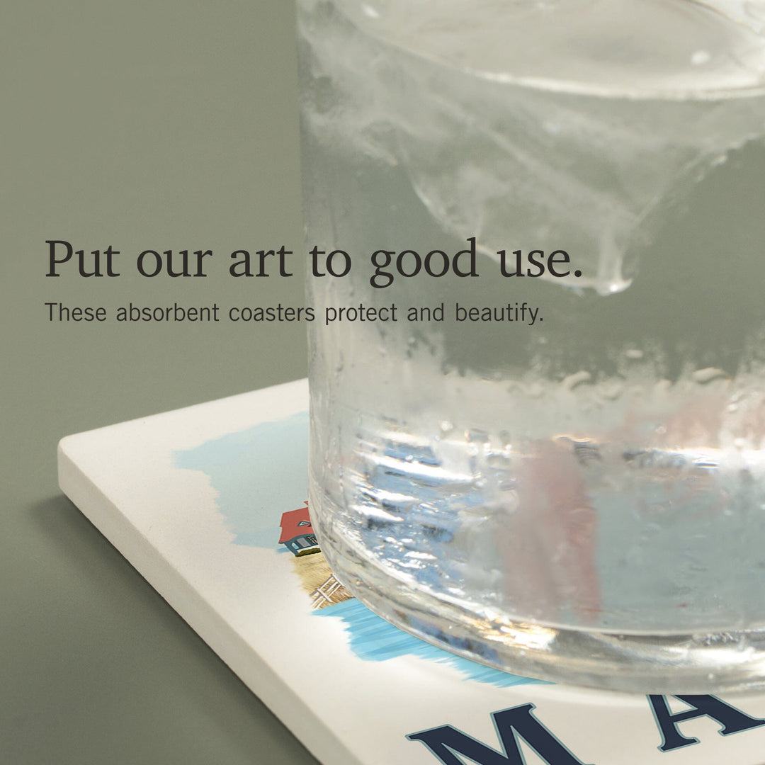 Maine, Lobster and Portland Lighthouse, Coasters Coasters Lantern Press