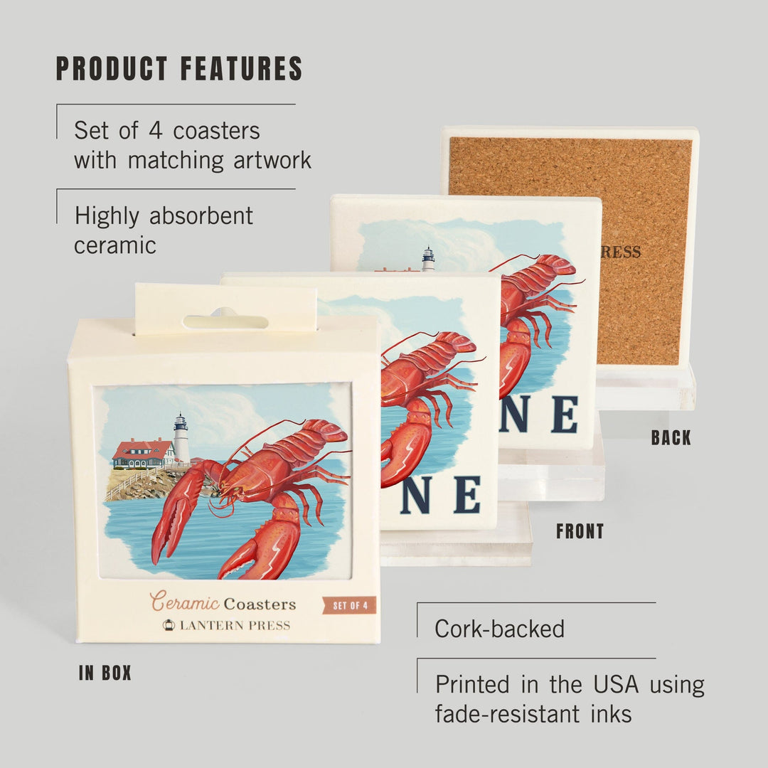 Maine, Lobster and Portland Lighthouse, Coasters Coasters Lantern Press