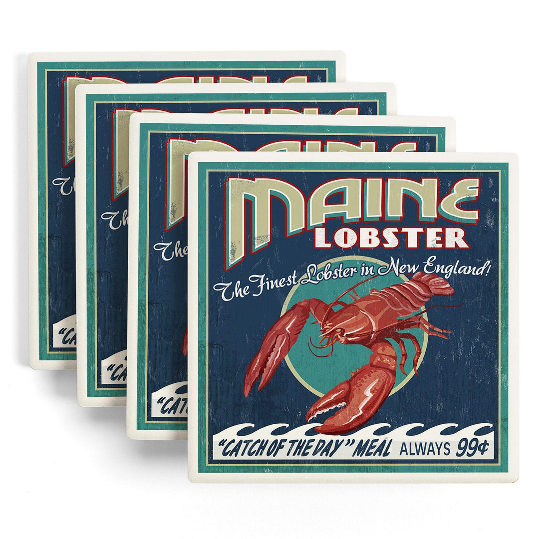 Maine, Lobster, Vintage Sign, Coasters Coasters Lantern Press