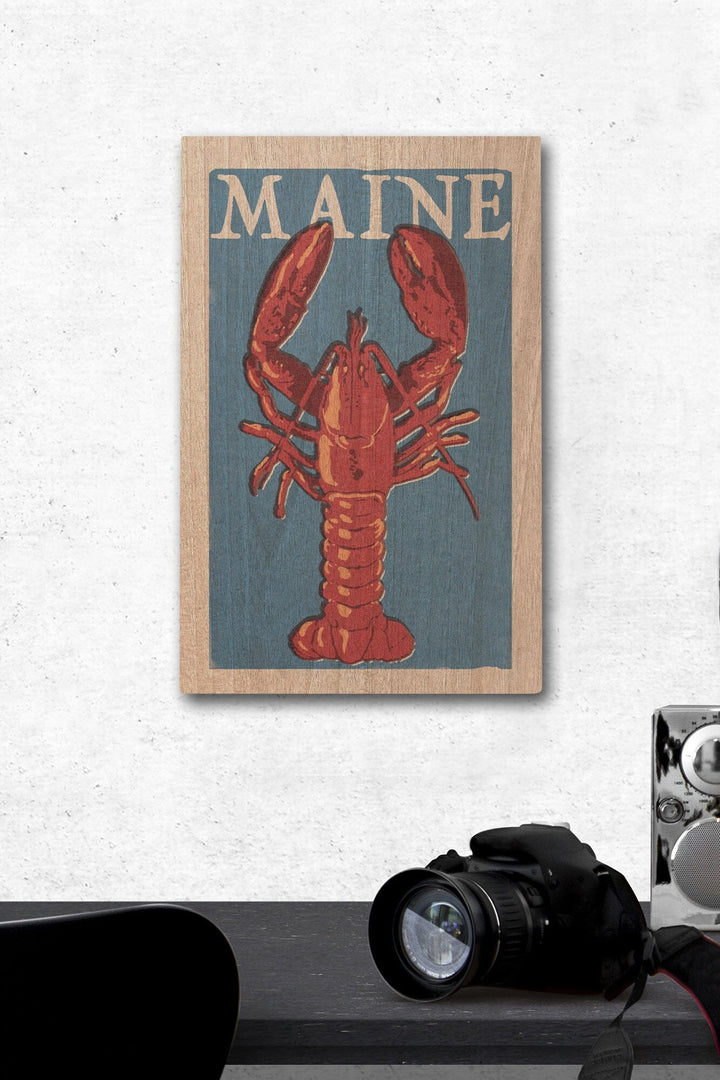 Maine, Lobster Woodblock, Lantern Press Artwork, Wood Signs and Postcards - Lantern Press
