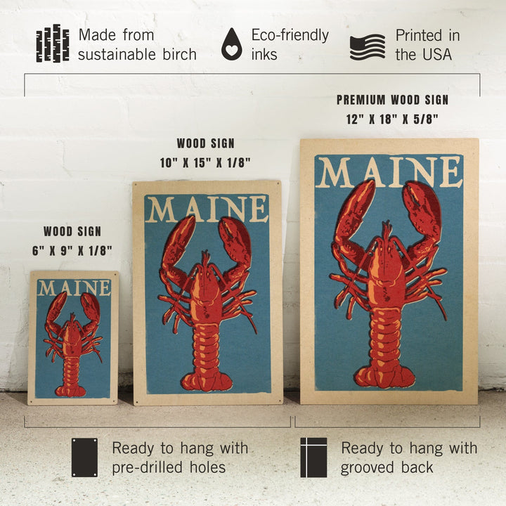 Maine, Lobster Woodblock, Lantern Press Artwork, Wood Signs and Postcards - Lantern Press