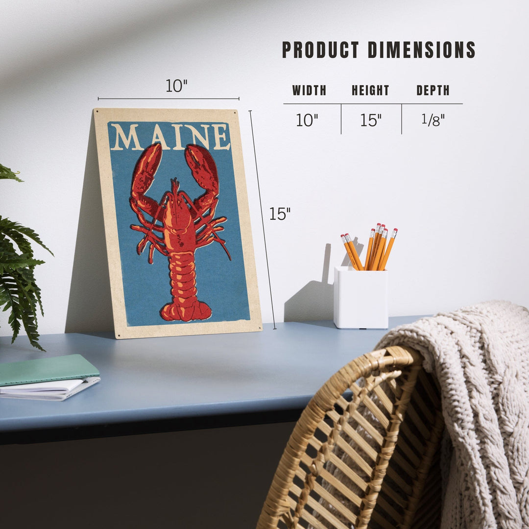 Maine, Lobster Woodblock, Lantern Press Artwork, Wood Signs and Postcards - Lantern Press