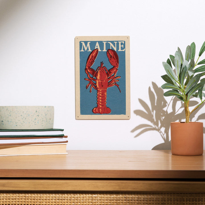 Maine, Lobster Woodblock, Lantern Press Artwork, Wood Signs and Postcards - Lantern Press