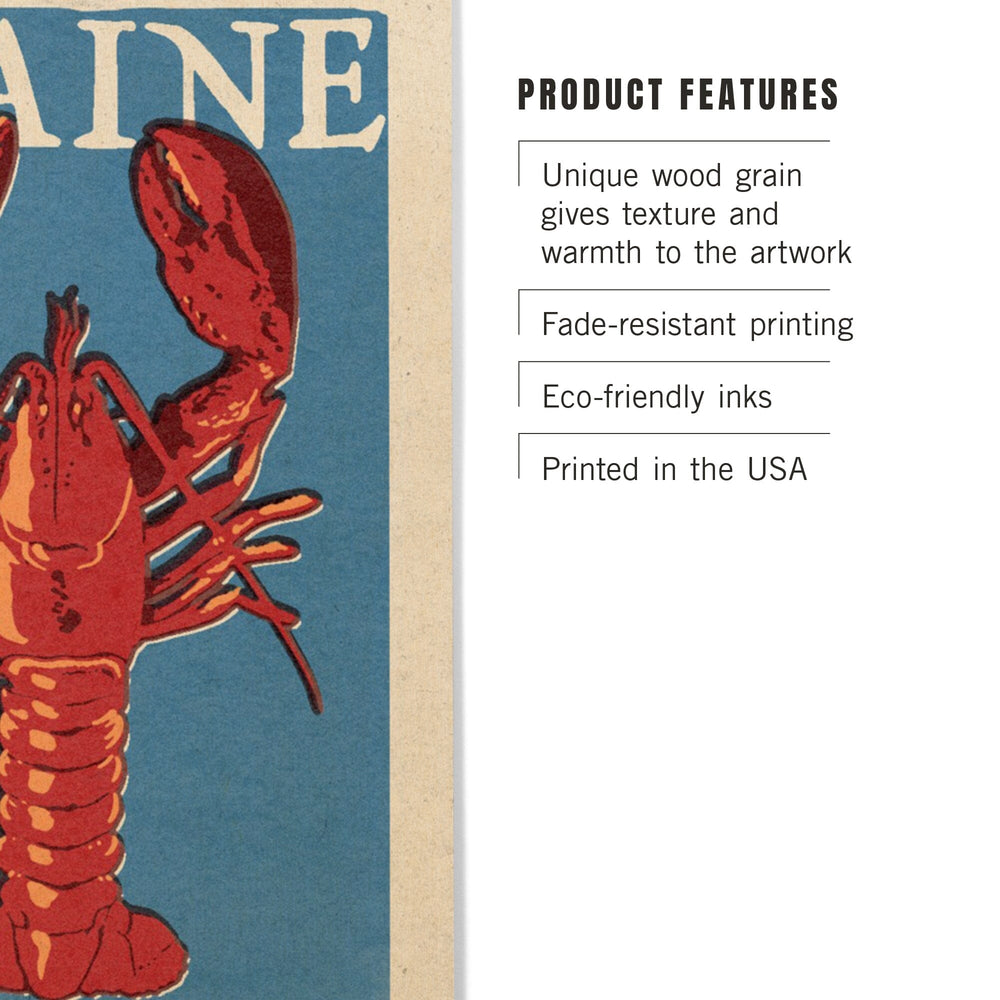 Maine, Lobster Woodblock, Lantern Press Artwork, Wood Signs and Postcards - Lantern Press