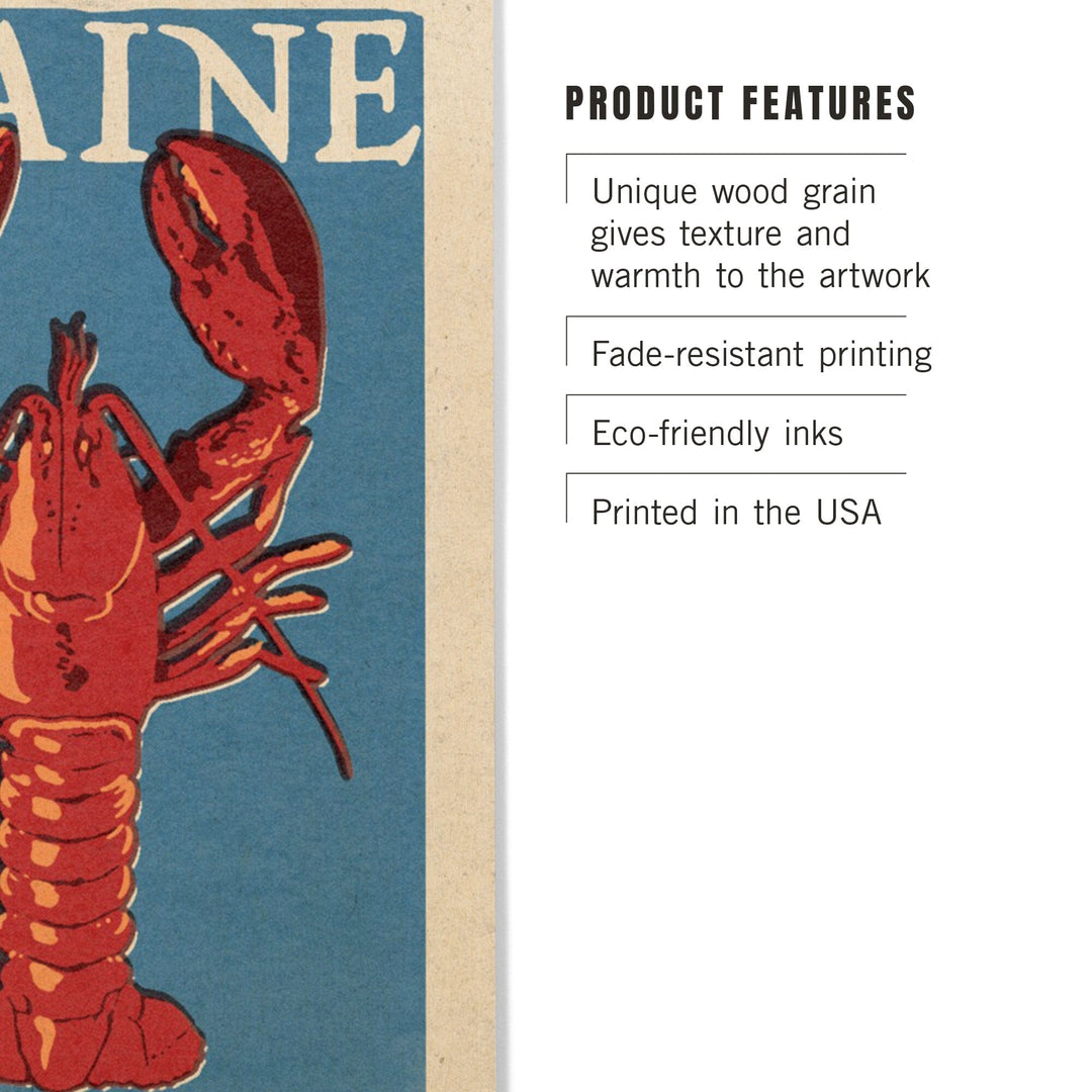Maine, Lobster Woodblock, Lantern Press Artwork, Wood Signs and Postcards - Lantern Press