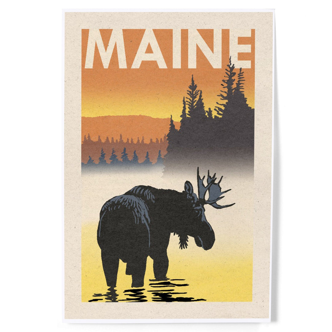 Maine, Moose at Dawn, Woodblock, Art & Giclee Prints - Lantern Press