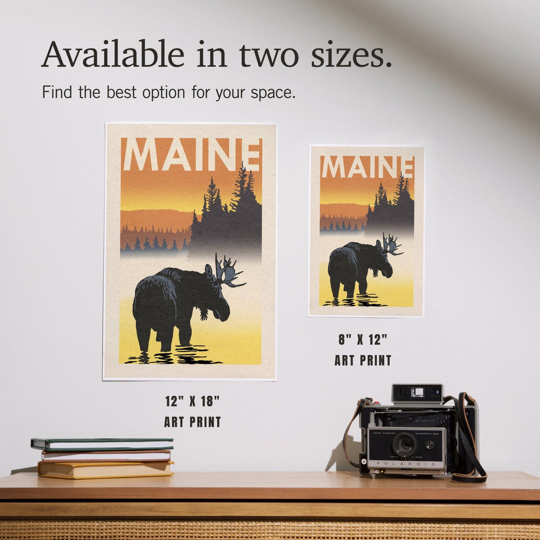 Maine, Moose at Dawn, Woodblock, Art & Giclee Prints - Lantern Press