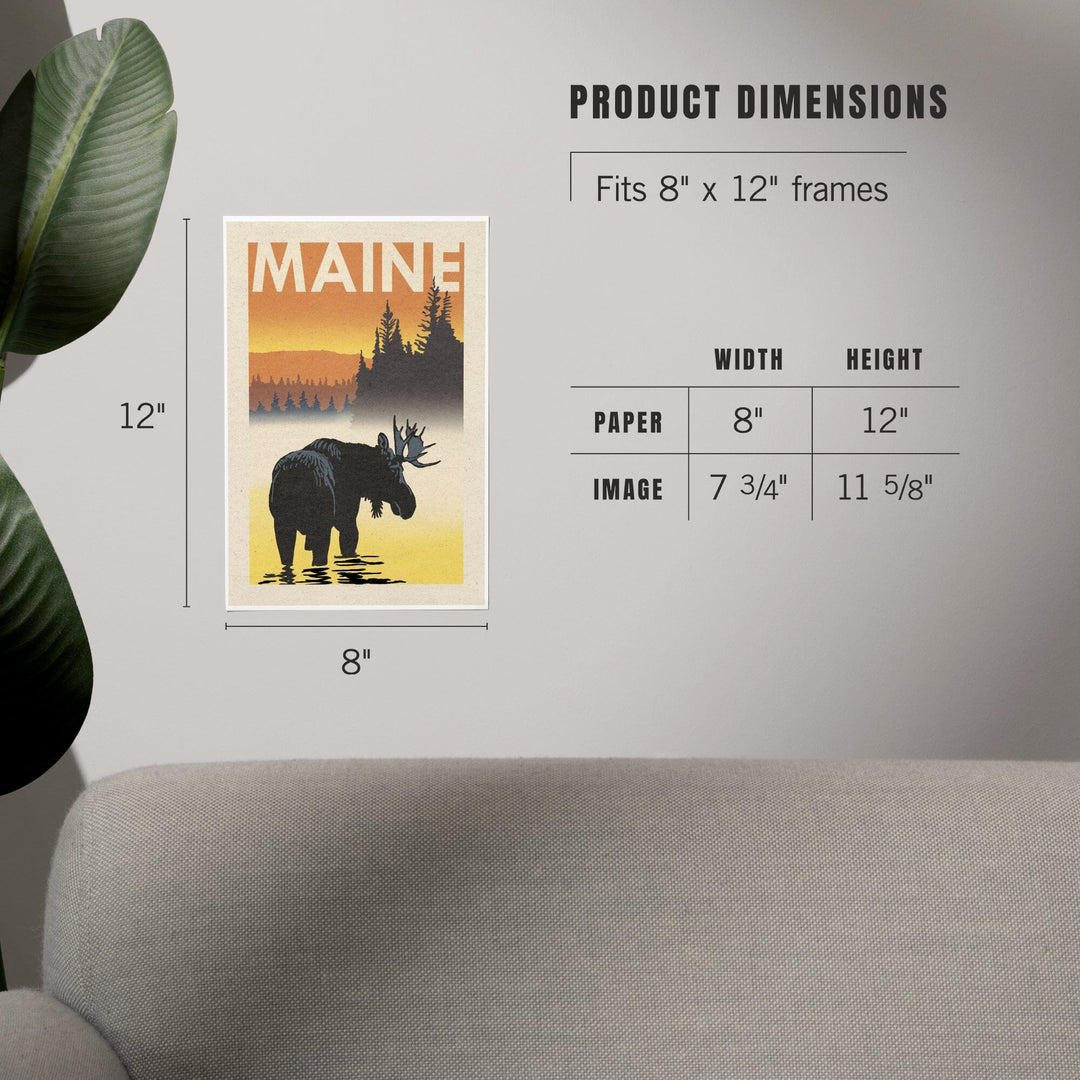 Maine, Moose at Dawn, Woodblock, Art & Giclee Prints - Lantern Press