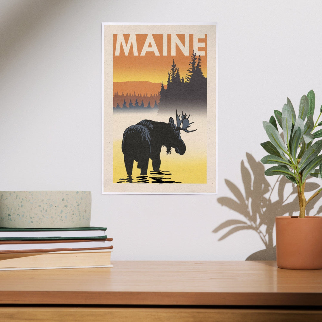 Maine, Moose at Dawn, Woodblock, Art & Giclee Prints - Lantern Press
