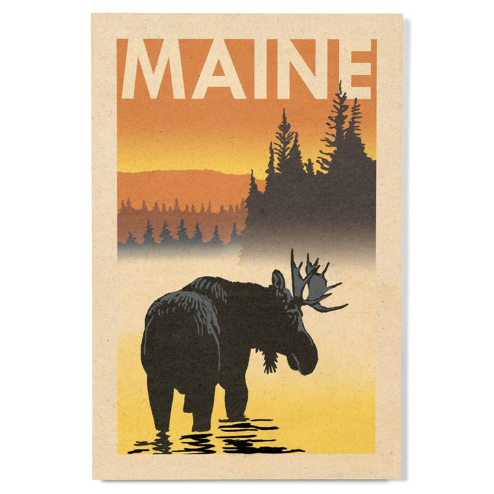 Maine, Moose at Dawn, Woodblock, Lantern Press Artwork, Wood Signs and Postcards - Lantern Press