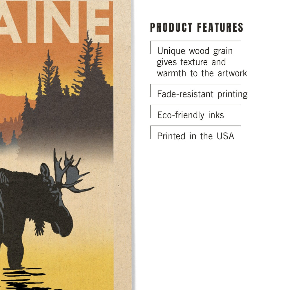 Maine, Moose at Dawn, Woodblock, Lantern Press Artwork, Wood Signs and Postcards - Lantern Press