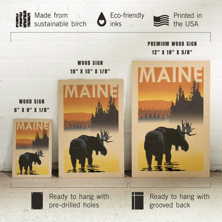 Maine, Moose at Dawn, Woodblock, Lantern Press Artwork, Wood Signs and Postcards - Lantern Press