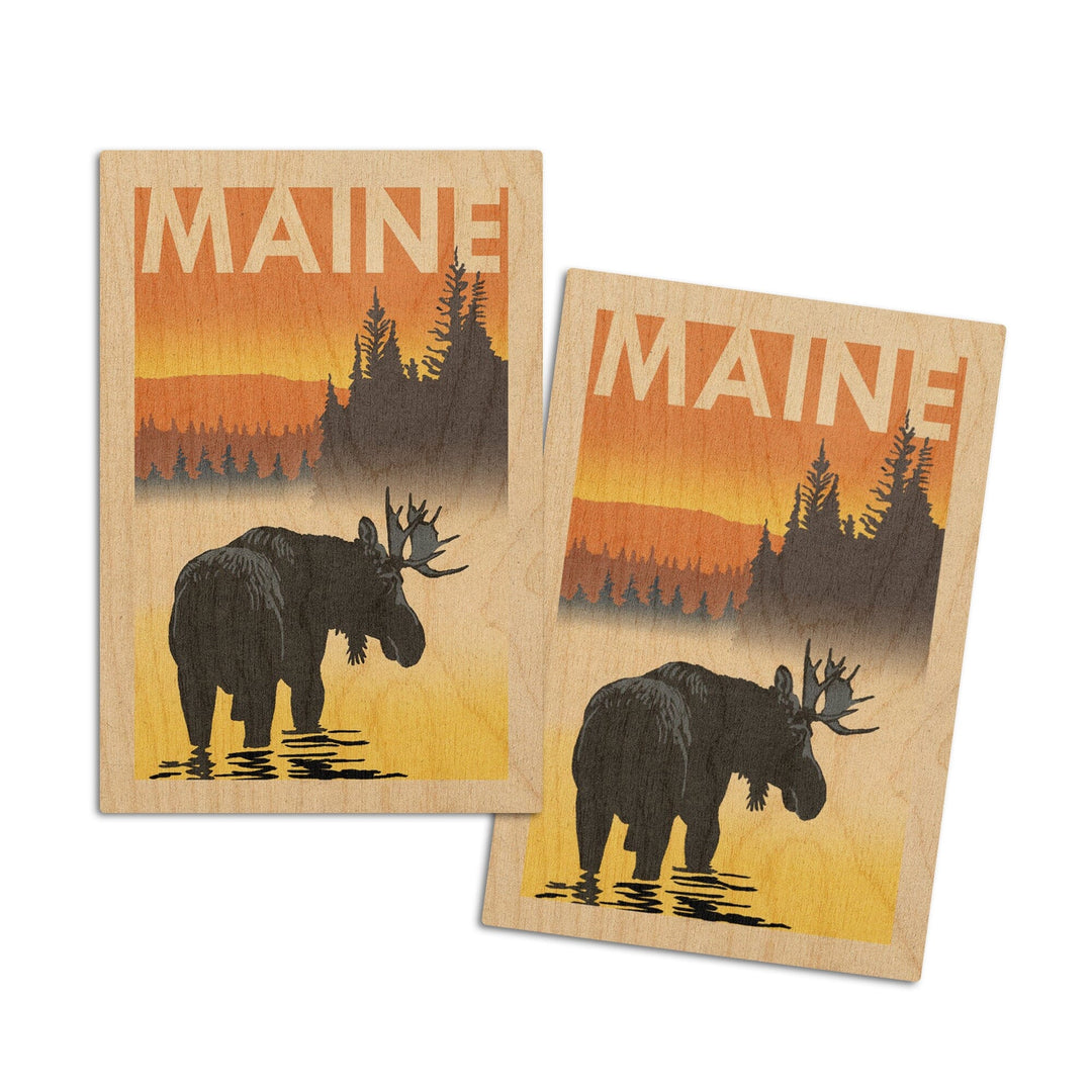Maine, Moose at Dawn, Woodblock, Lantern Press Artwork, Wood Signs and Postcards - Lantern Press