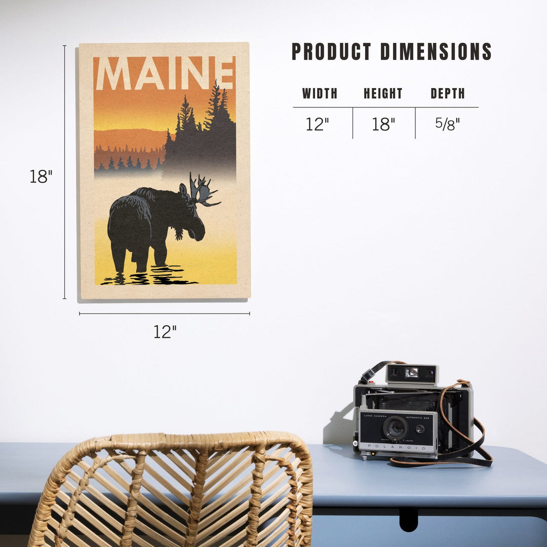 Maine, Moose at Dawn, Woodblock, Lantern Press Artwork, Wood Signs and Postcards - Lantern Press