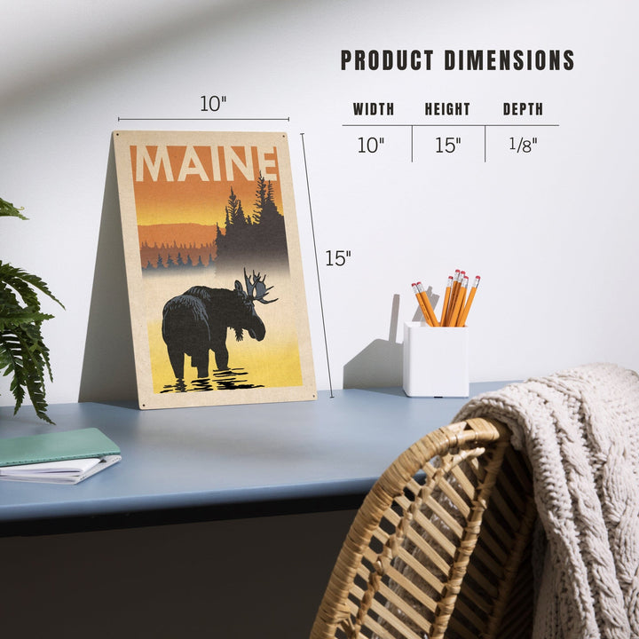 Maine, Moose at Dawn, Woodblock, Lantern Press Artwork, Wood Signs and Postcards - Lantern Press