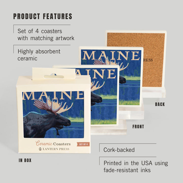 Maine, Moose in the Moonlight, Coasters Coasters Lantern Press