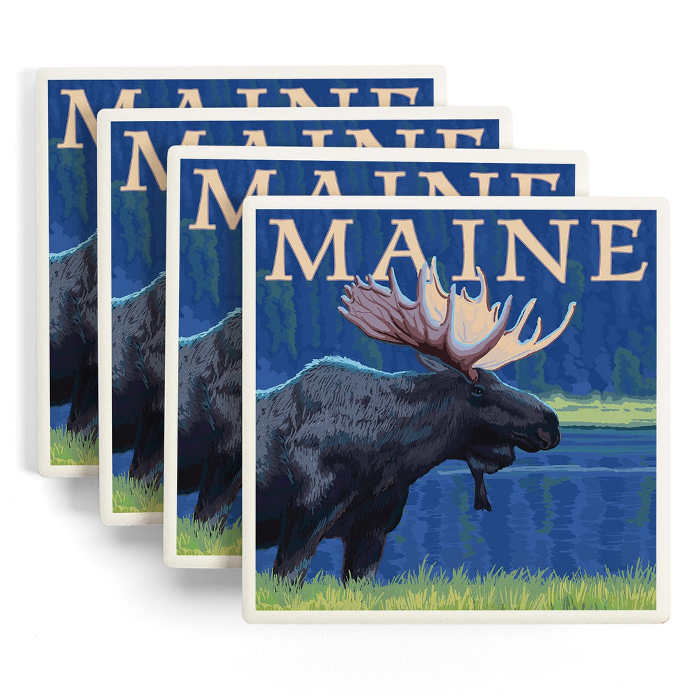 Maine, Moose in the Moonlight, Coasters Coasters Lantern Press