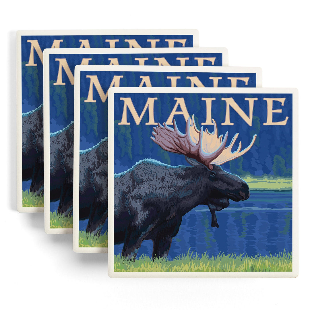Maine, Moose in the Moonlight, Coasters Coasters Lantern Press