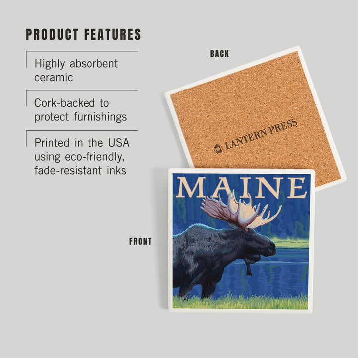 Maine, Moose in the Moonlight, Coasters Coasters Lantern Press