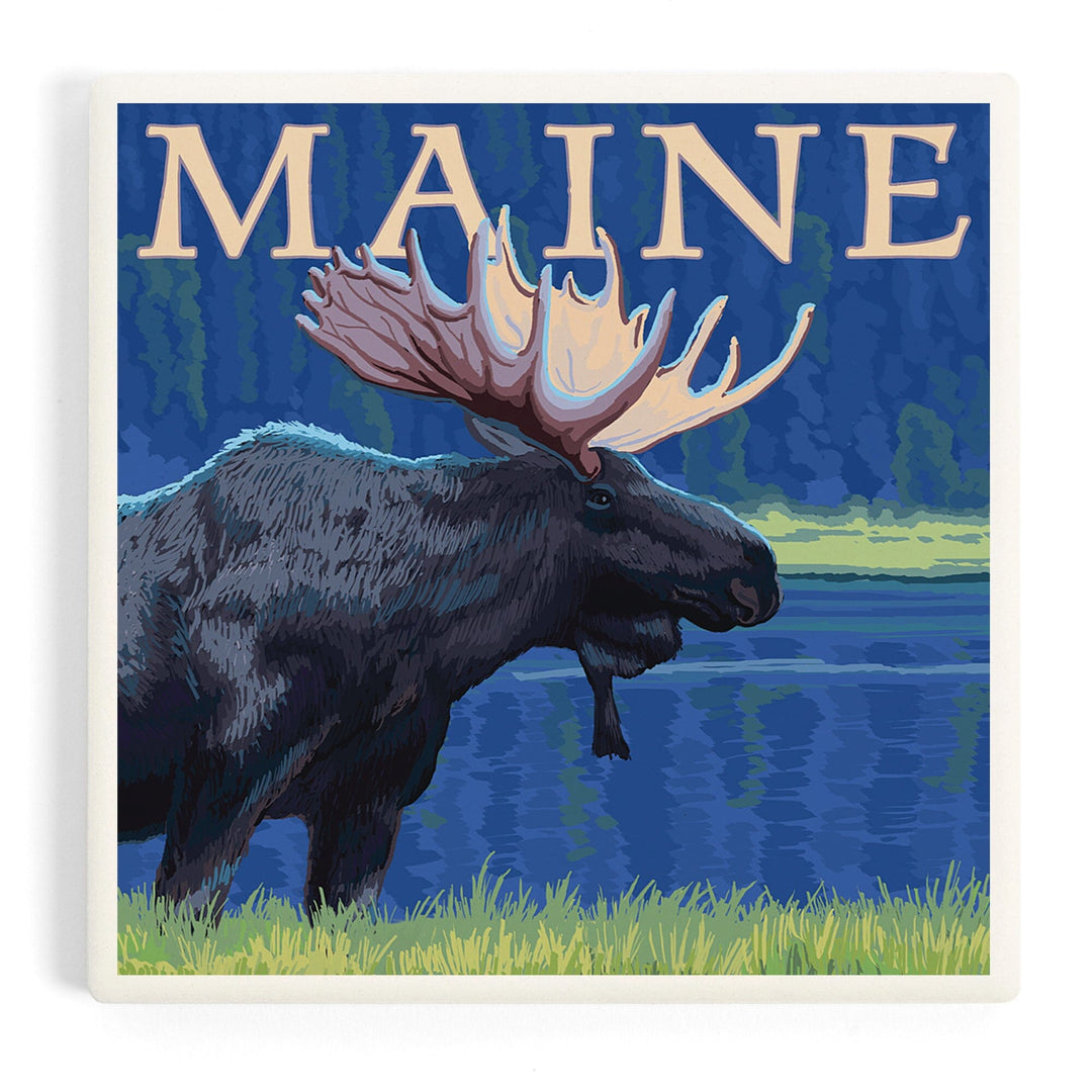 Maine, Moose in the Moonlight, Coasters Coasters Lantern Press