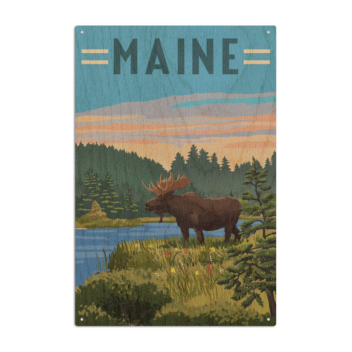 Maine, Moose, Summer Scene, Lantern Press Artwork, Wood Signs and Postcards - Lantern Press