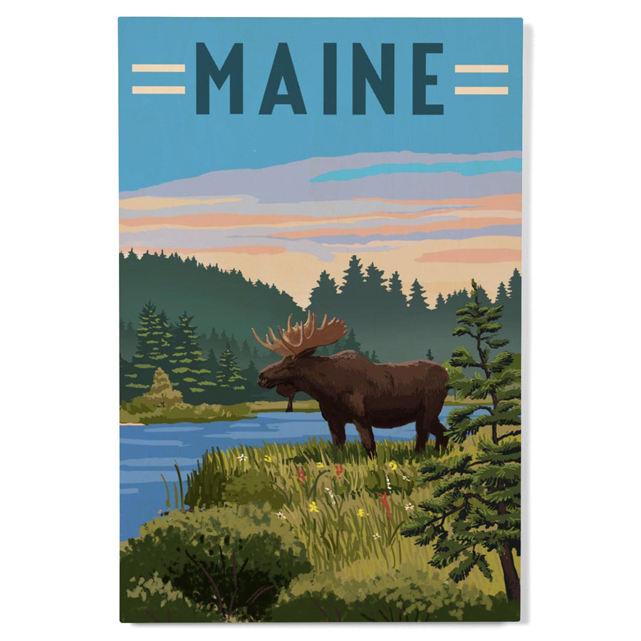 Maine, Moose, Summer Scene, Lantern Press Artwork, Wood Signs and Postcards - Lantern Press